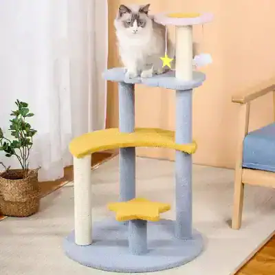 Luxurious multi-level cat tree with soft pastel colors, offering climbing, scratching, and lounging spots for cats, perfect for enhancing indoor feline play and comfort.