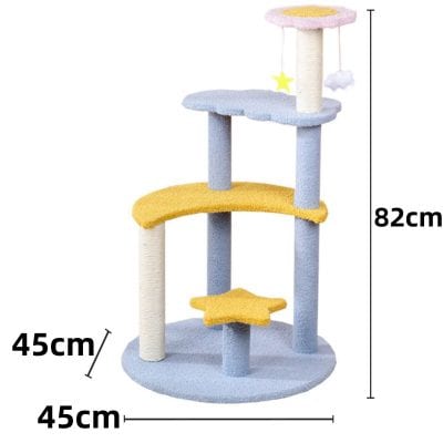Colorful cat tree with multiple levels and cozy platforms, perfect for pets, small animals, and cats, available at Monalisa Medical Store in various sizes.