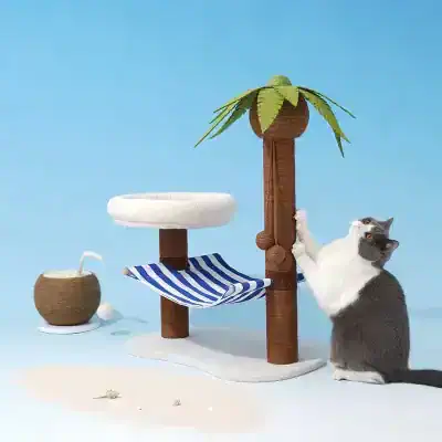 Brightly colored cat tree with palm leaves and hammock, perfect for pet relaxation and play, ideal for pet lovers and home decor enthusiasts interested in stylish and functional pet furniture.