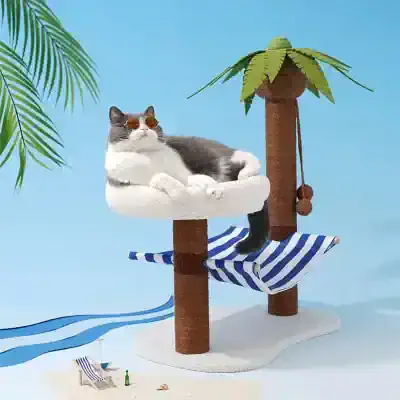 Luxurious gray and white cat wearing sunglasses resting on a tropical-themed cat tree with palm leaves, a hammock, and beach accessories, ideal for pet relaxation and entertainment.