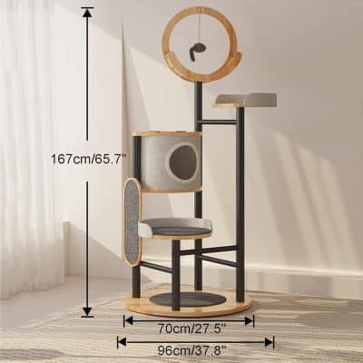Modern multi-level cat tree with scratching posts, cozy loungers, and scratching pads designed for cats' entertainment and relaxation.