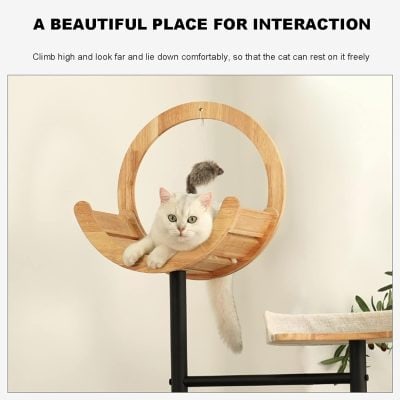 Modern cat tree with a circular perch and hanging toy, perfect for feline relaxation and play, available at Monalisa Store.