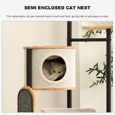 Cat tree with semi-enclosed scratching box and scratching posts, ideal for cats' play and rest, featuring soft interior and sturdy design. Perfect for feline enrichment and comfort.