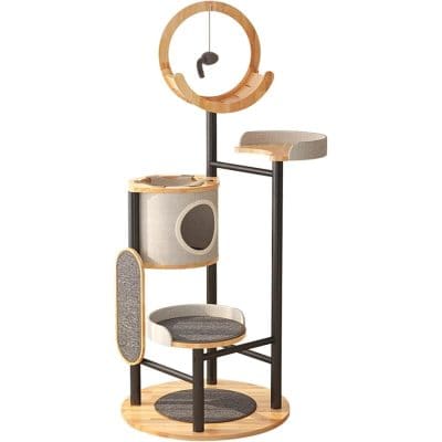 Modern multi-level cat tree with scratching posts, cozy hideouts, and play areas, designed for cats to climb, scratch, and relax, suitable for home or pet-friendly environments.