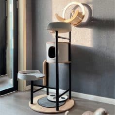 Modern cat furniture tree with multiple sisal scratching posts, cozy hideouts, and hanging toys, perfect for pet play, exercise, and comfort at Monalisa Store.
