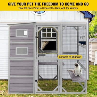 Durable pet outdoor cat enclosure with connecting window, ideal for pet freedom and safety, featuring weather-resistant materials and easy access for pet owners.