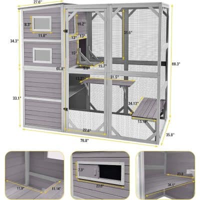 Outdoor cat enclosure with insulated interior, weather-resistant siding, and ample space for playful activities, designed for pet safety and entertainment.