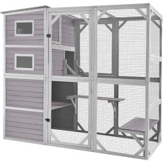 High-quality outdoor animal enclosure with a wooden house and camping area, perfect for cats and small pets, featuring durable wire mesh and multiple levels for enrichment and comfort.