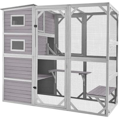 High-quality outdoor animal enclosure with a wooden house and camping area, perfect for cats and small pets, featuring durable wire mesh and multiple levels for enrichment and comfort.