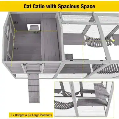 Modern outdoor animal enclosure with spacious platforms and bridges for pets, ideal for cats or small animals, featuring durable materials and ample space for play and relaxation.
