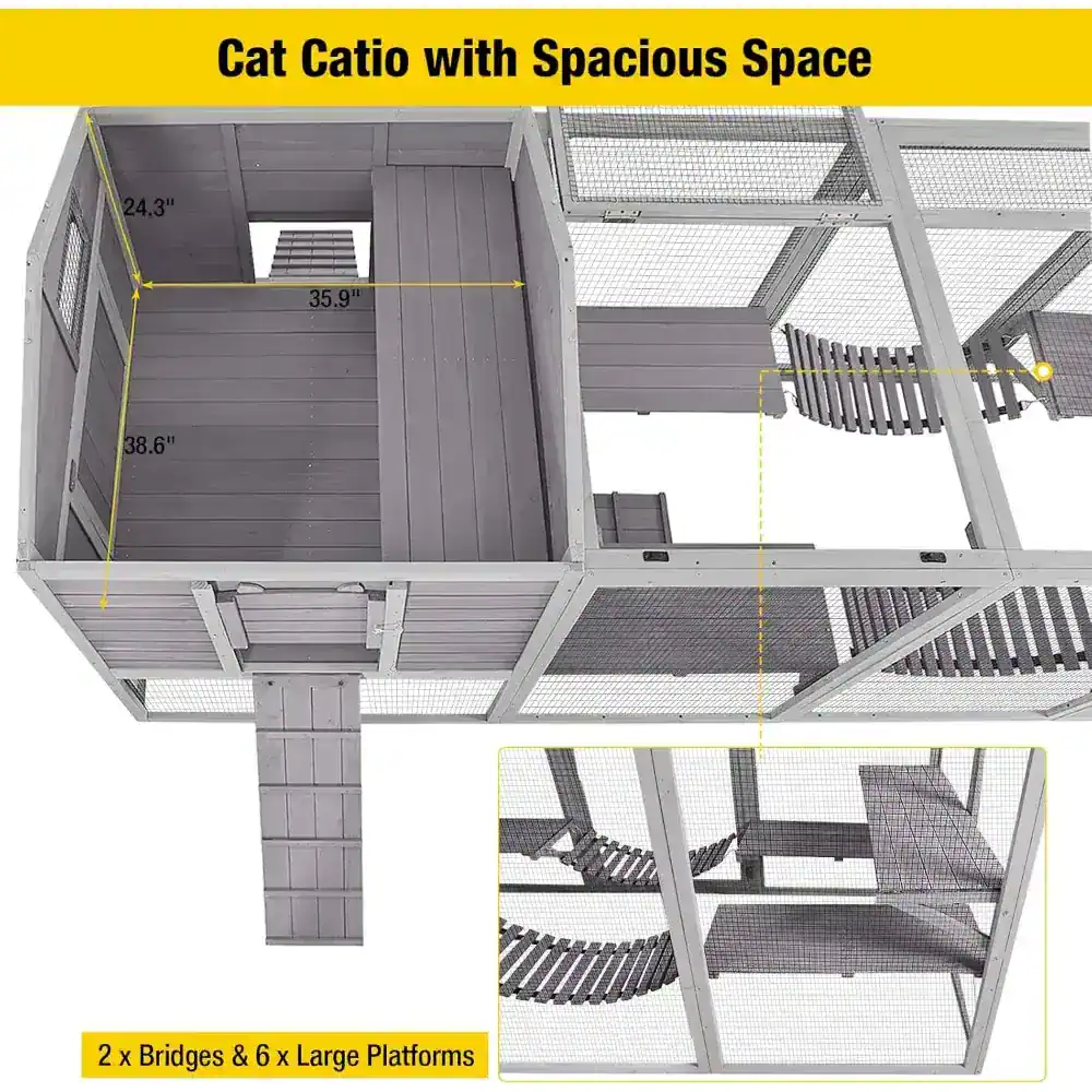 Modern outdoor animal enclosure with spacious platforms and bridges for pets, ideal for cats or small animals, featuring durable materials and ample space for play and relaxation.
