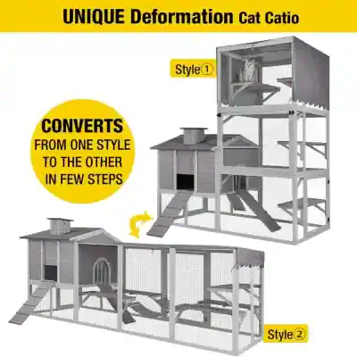 Removable cat house and multi-level outdoor cat enclosure for pet safety and entertainment, made of durable wood and wire mesh, converting between styles with easy steps.