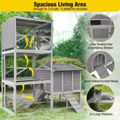 Cat outdoor enclosure with multiple levels, ramps, and platforms for cats to climb and relax, featuring ventilation windows and spacious design.