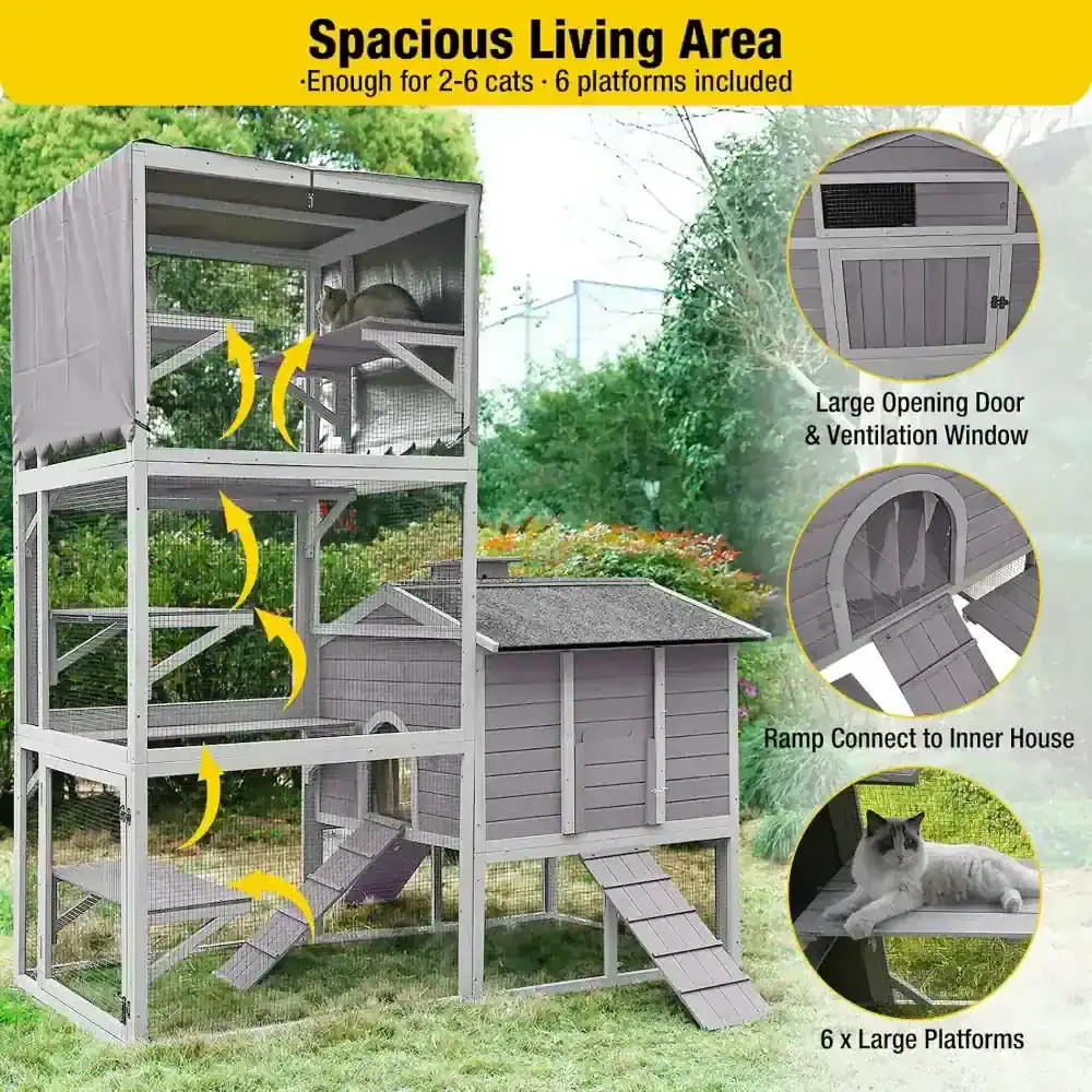 Cat outdoor enclosure with multiple levels, ramps, and platforms for cats to climb and relax, featuring ventilation windows and spacious design.