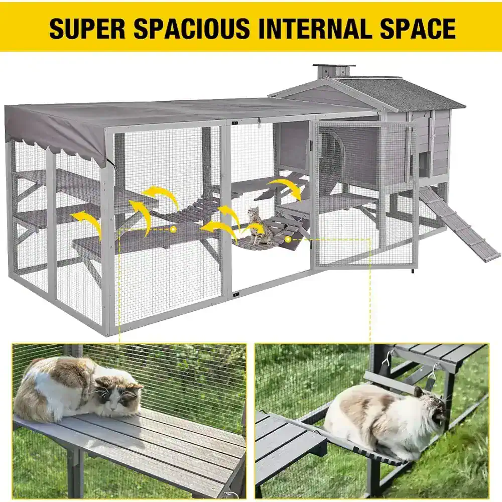 Spacious outdoor cat enclosure with multiple tiers, ramps, and shaded areas for comfortable feline play, exercise, and relaxation, ideal for keeping cats safe outdoors.