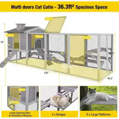 Multi-door cat enclosure with spacious design, featuring four doors, large platforms, and ventilation windows, ideal for outdoor feline safety and entertainment.