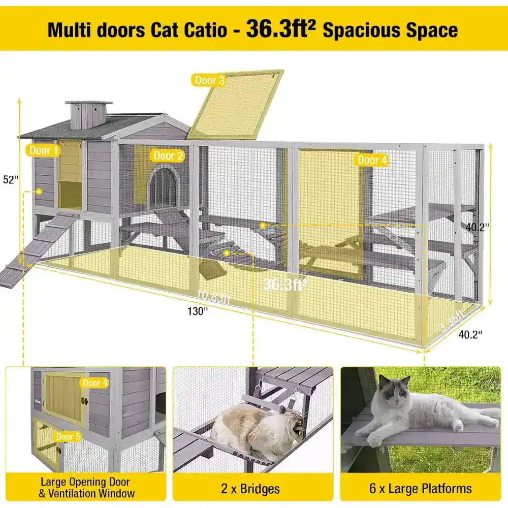 Multi-door cat enclosure with spacious design, featuring four doors, large platforms, and ventilation windows, ideal for outdoor feline safety and entertainment.
