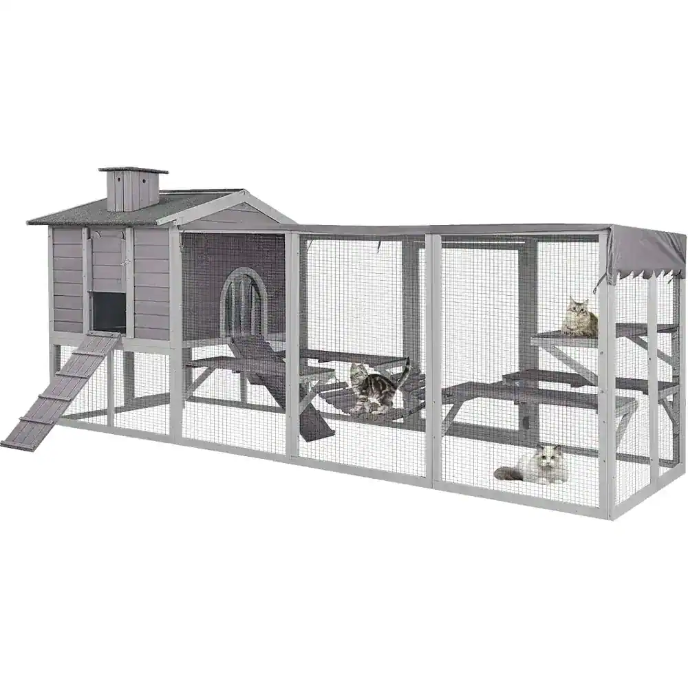 Fenced outdoor cat enclosure with multiple levels, ramps, and cozy hideouts, designed for comprehensive feline outdoor play and safety. Perfect for pet owners seeking quality cat furniture from Monalisa Store.