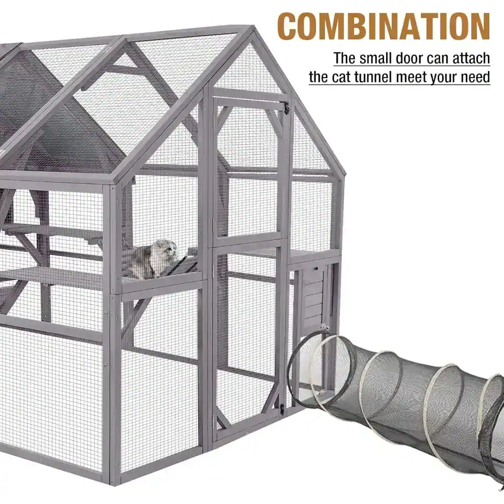 Cat enclosure with tunnel and small door at Monalisa Store for pet cats and small animals.
