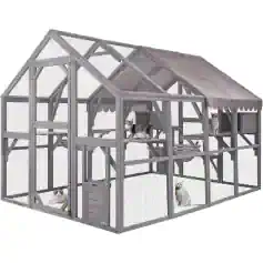 Large outdoor cat enclosure with multi-level platforms, netted walls, and sliding door, ideal for safe outdoor play and enrichment for pet cats. Suitable for backyard or patio use.