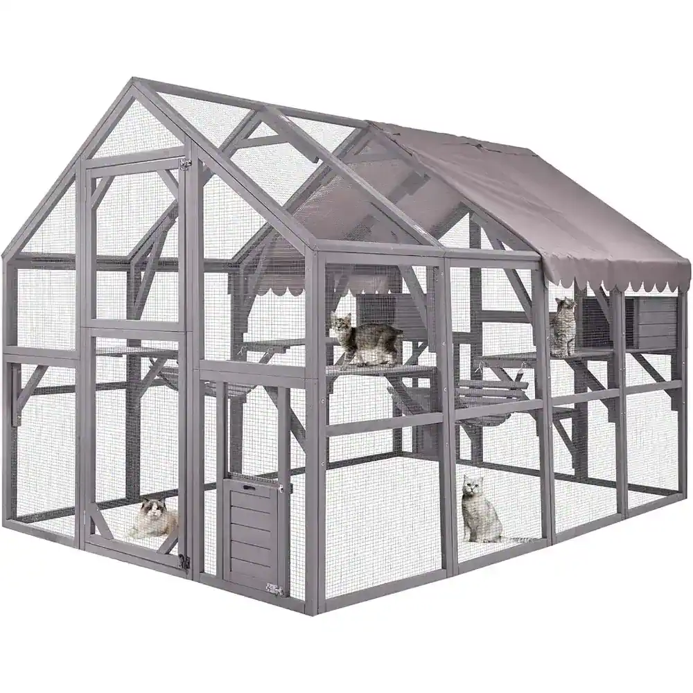 Large outdoor cat enclosure with multi-level platforms, netted walls, and sliding door, ideal for safe outdoor play and enrichment for pet cats. Suitable for backyard or patio use.
