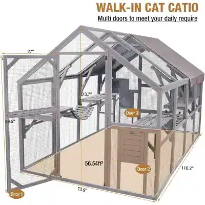Walk-in cat enclosure with multiple doors, 27