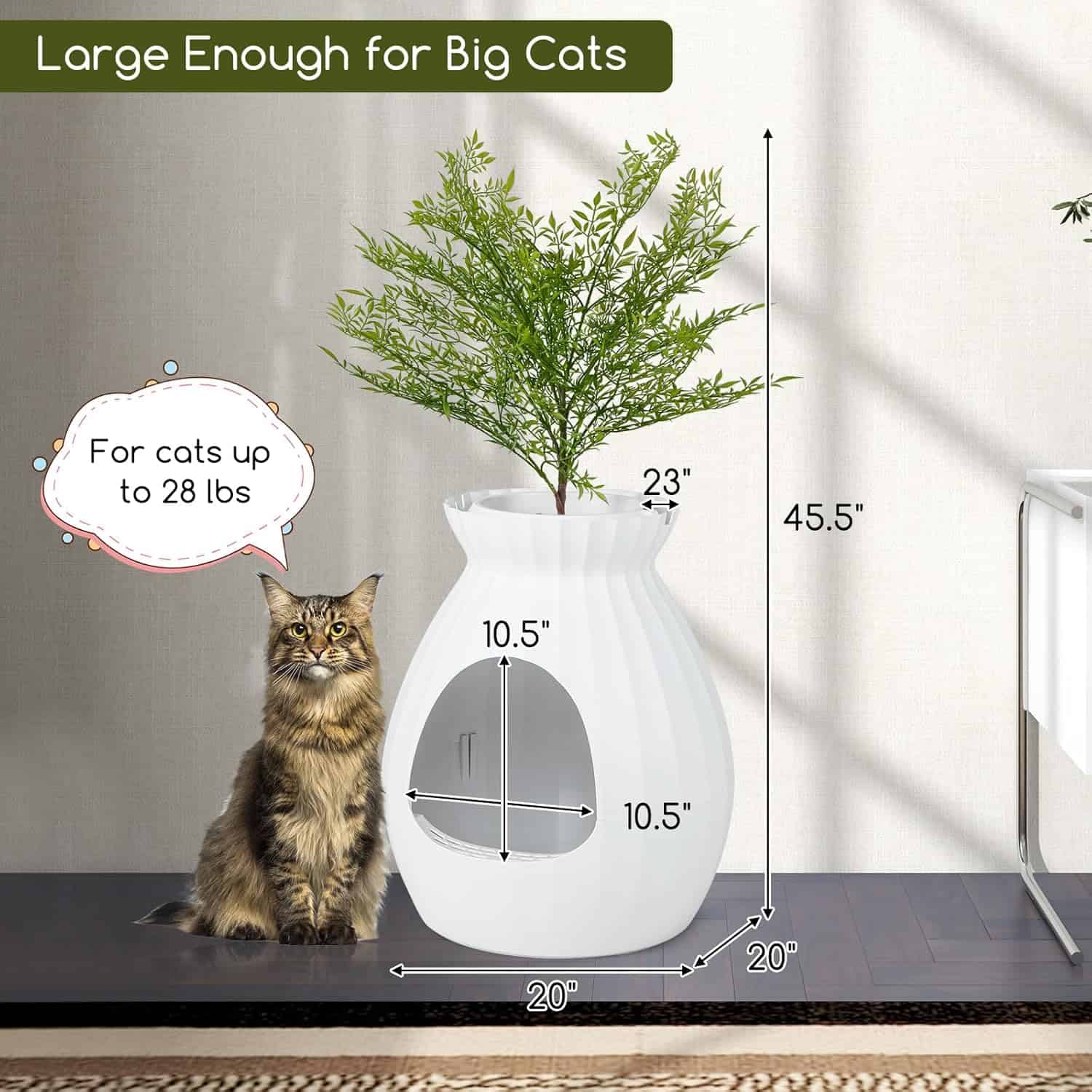 Vase with green plant and a cat next to it, size details for cat up to 28 lbs, ideal for large cats, modern home decor, monochrome design, indoor plant with cat-friendly features.