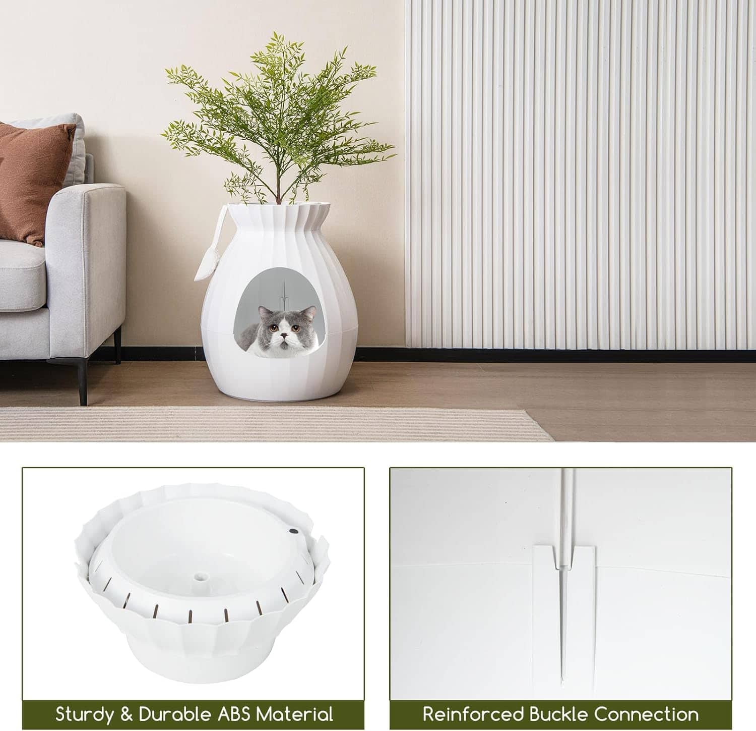 Modern cat house with durable ABS material and reinforced buckle connection for secure and safe indoor pet shelter; stylish and functional pet furniture.