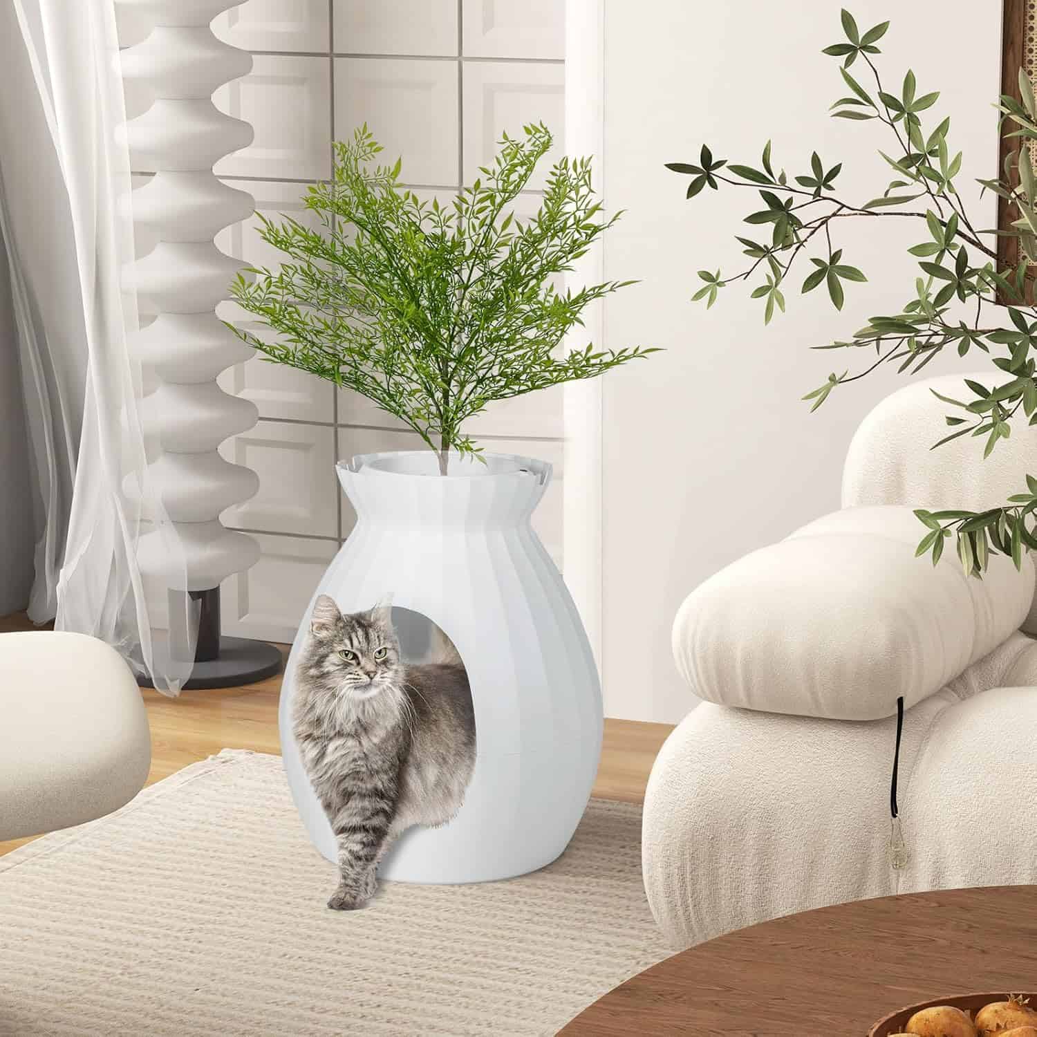 Contemporary white ceramic cat-shaped pet house and elegant indoor plant deco in a modern living room.