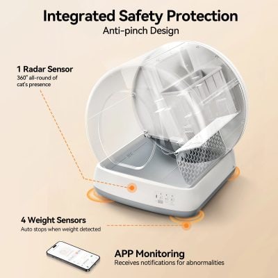 Automatic Cat Litter Box with Safety Features, Radar and Weight Sensors, App Monitoring, Integrated Safety Protection, Anti-Pinch Design for Pet Health and Convenience.
