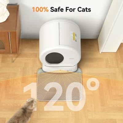 Litter box with safety enclosure and cat-friendly design for pet hygiene and safety.