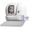 Fluffy white cat inside an advanced automatic self-cleaning litter box with odor control, featuring a sleek design, amods for indoor pet hygiene, ideal for cat owners seeking convenience and cleanliness.