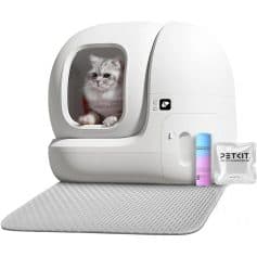 Fluffy white cat inside an advanced automatic self-cleaning litter box with odor control, featuring a sleek design, amods for indoor pet hygiene, ideal for cat owners seeking convenience and cleanliness.