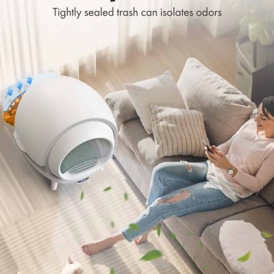 Quiet, modern trash disposal bin with odor control for kitchen or living room, featuring airtight sealing to eliminate smells.