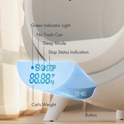 Digital cat and human weight scale display with illuminated blue screen showing weight and status indicators.