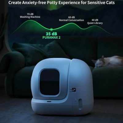 35 dB quiet cat litter box for sensitive cats, helps reduce stress with low noise; perfect for creating a calm and anxiety-free potty experience for your feline friends.