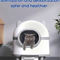 Planet smart litter box for cats demonstrating sterilization and deodorization benefits, promoting a safer and healthier environment for pets and owners.