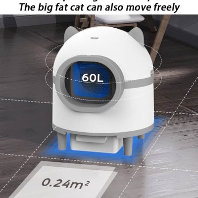 Modern pet litter box with 60L capacity, designed for cats weighing 1-8kg, covering 0.24 square meters, ideal for spacious indoor cat care.