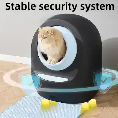 Compact automatic cat litter box, modern pet testing toilet, health monitoring for cats, innovative cleaning system, smart pet care device.