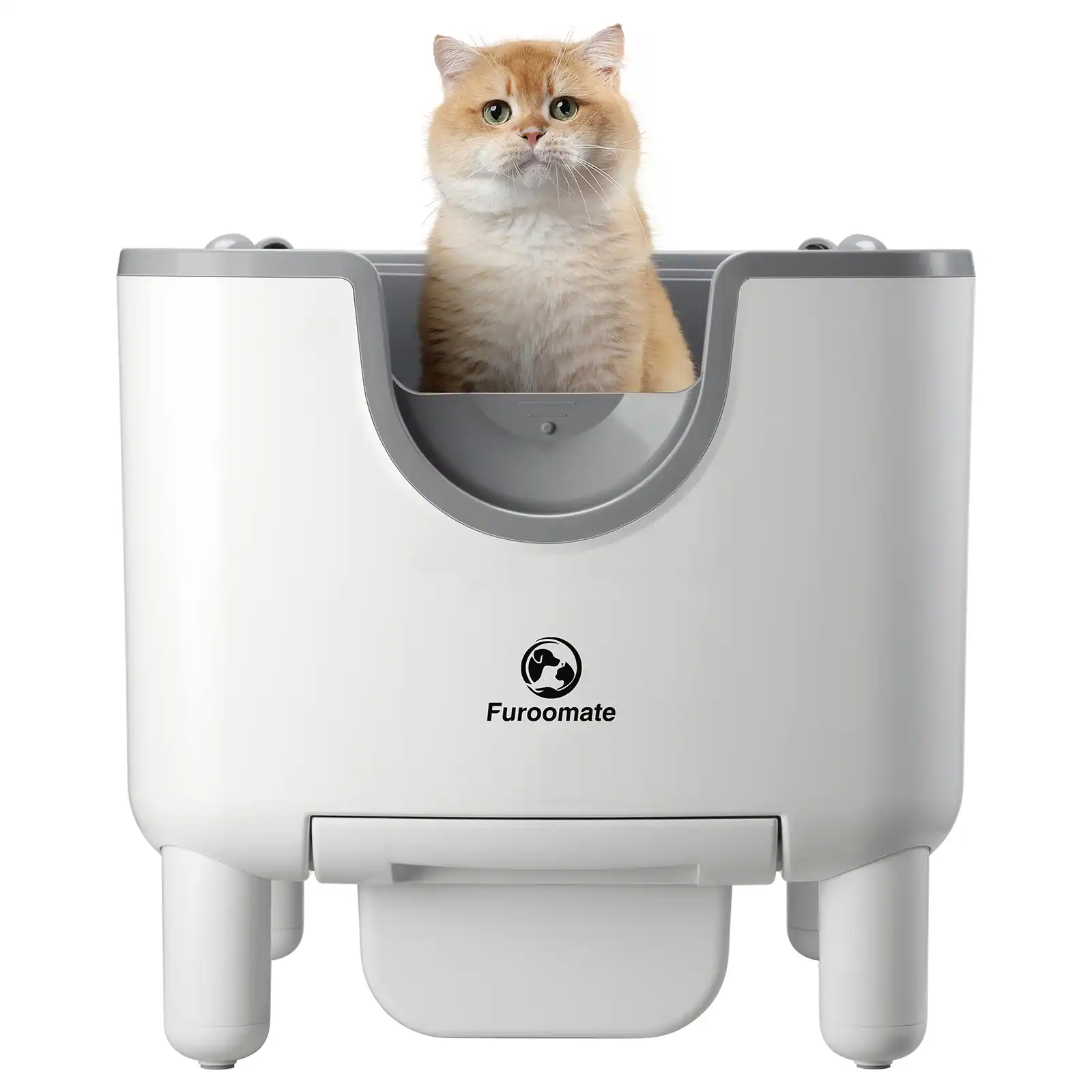 Furoomate cat litter box with self-cleaning technology and modern design, ideal for pet owners seeking hygienic and convenient litter management solutions.