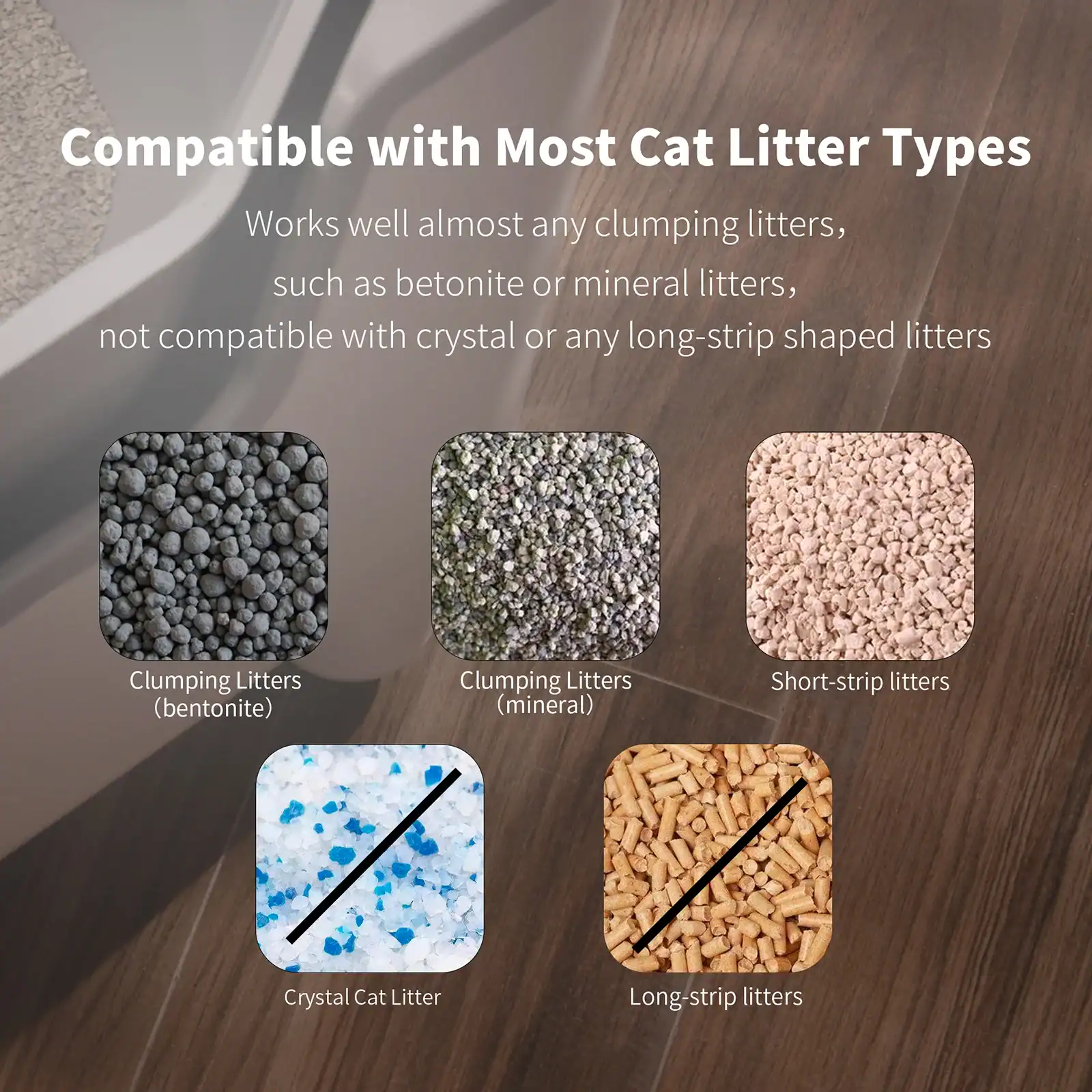 Different types of cat litter including bentonite, mineral, short-strip, crystal, and long-strip varieties suitable for various clumping behaviors.