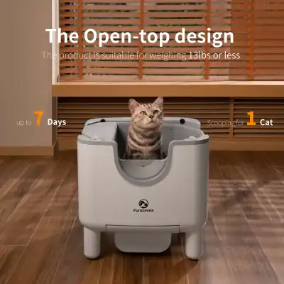 Furoomate automatic cat litter box with open-top design, suitable for weighing cats up to 13 lbs, scooping for one cat, and lasting up to 7 days; ideal for modern pet care.