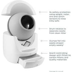 Automatic Cat Waste Dispenser with safety sensors, waste separation drum, waste drawer, scent control, and easy-to-clean design, ideal for cat litter management.