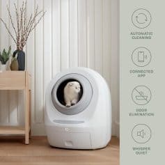 Efficient automatic cat litter box with odor elimination, connected app control, and silent operation, offering hassle-free pet hygiene management for cat owners.