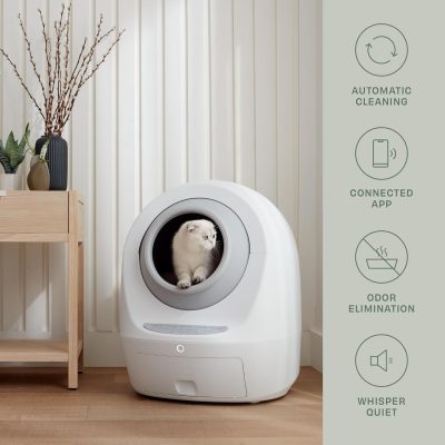 Efficient automatic cat litter box with odor elimination, connected app control, and silent operation, offering hassle-free pet hygiene management for cat owners.