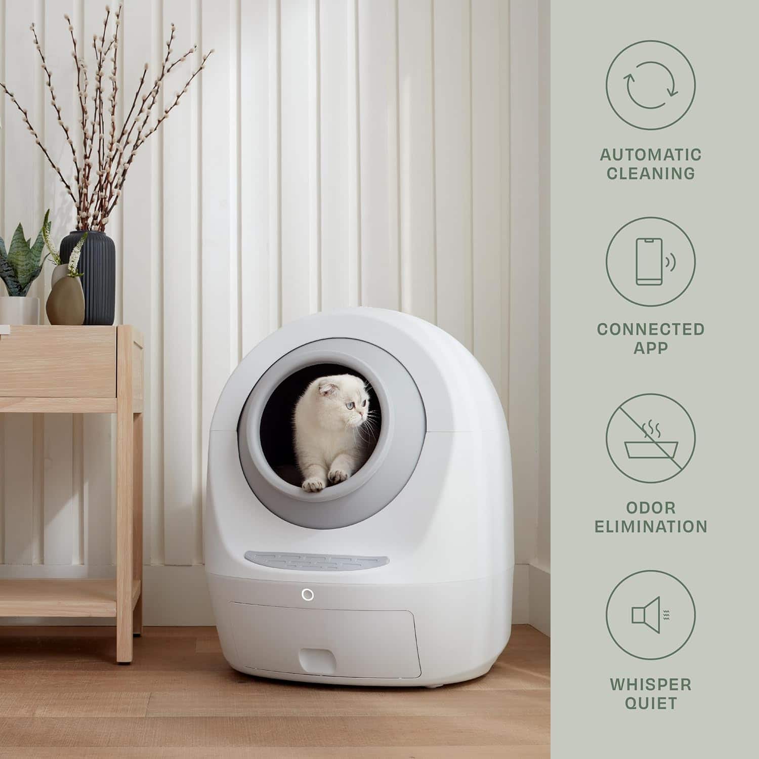 Efficient automatic cat litter box with odor elimination, connected app control, and silent operation, offering hassle-free pet hygiene management for cat owners.