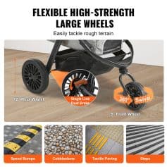 Flexible high-strength baby stroller wheels with 12-inch rear and 9-inch front wheels, 360-degree swivel function, dual brake system, ideal for outdoor terrain.