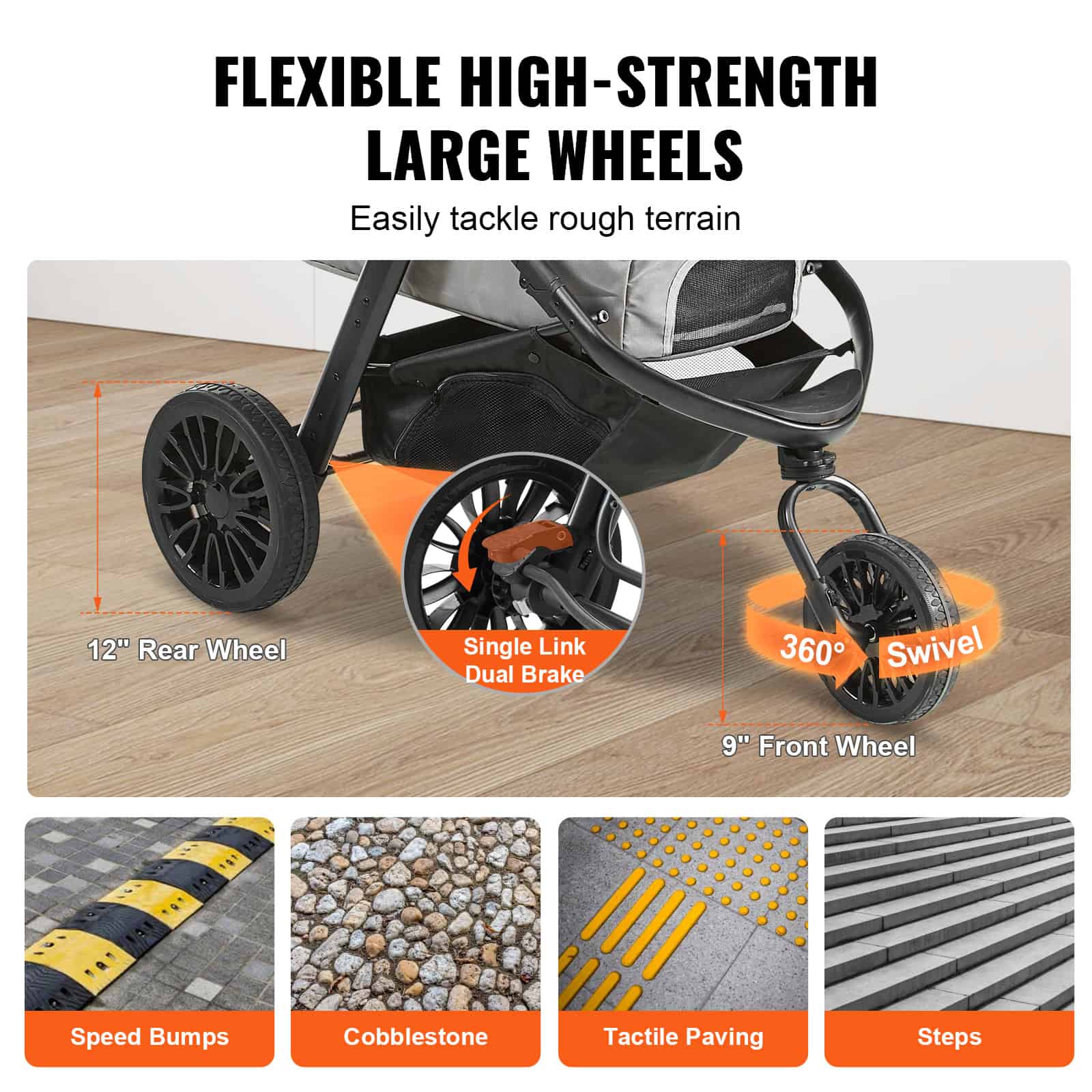Flexible high-strength baby stroller wheels with 12-inch rear and 9-inch front wheels, 360-degree swivel function, dual brake system, ideal for outdoor terrain.
