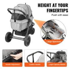 Foldable sturdy pram with large storage basket for baby transport and comfort.