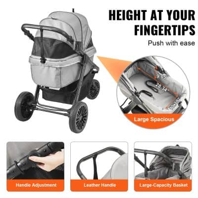 Foldable sturdy pram with large storage basket for baby transport and comfort.